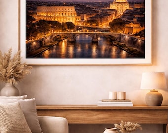 Impresión artística del paisaje urbano de Roma por la noche / Coliseo y Vaticano (descarga instantánea)
