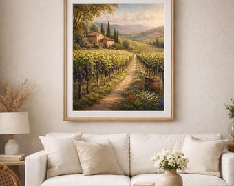 Impresión de paisaje de viñedo toscano, arte mural de una casa de campo italiana (descarga digital)