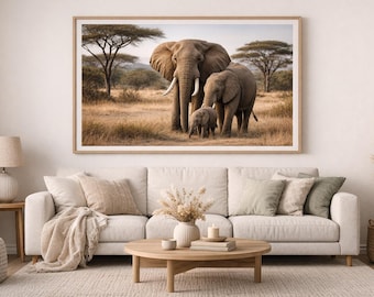 Impresión de familia de elefantes africanos, arte mural de safari de vida silvestre (descarga digital)