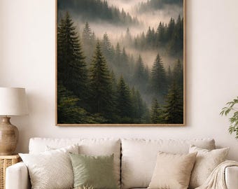 Impresión de un bosque de pinos brumoso, paisaje verde melancólico, decoración escandinava (descarga digital)