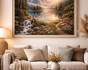Impresión artística de atardecer en un lago de montaña / Decoración de pared con paisaje escénico (descarga digital)
