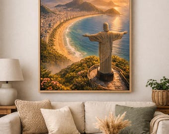 Impresión del Cristo Redentor al atardecer, Arte Costero de Río de Janeiro (Descarga digital)