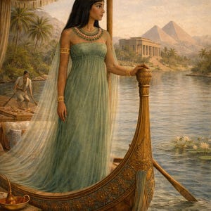 Peut inclure: Peinture d'une femme en robe verte sur une barque ornée de bijoux et d'un diadème dorés. La barque est marron avec des sculptures. Des pyramides, un bâtiment et des palmiers sont visibles en arrière-plan, avec des nénuphars dans l'eau.