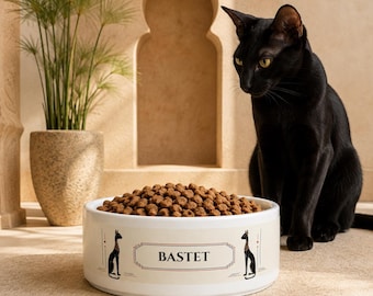 Cuenco de cerámica personalizado para gatos, 473 ml, acabado esmaltado con diseño de Bastet egipcio.