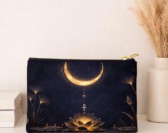 Kosmetiktasche mit Mond-Lotus-Motiv und Ankh-Design – Ästhetisches Accessoire, himmlische Kosmetiktasche, Reiseorganizer, spirituelles Geschenk