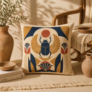 Peut inclure: Coussin carré beige avec un motif de scarabée égyptien. Le coussin présente un scarabée bleu marine avec des ailes dorées, un soleil rouge et des formes géométriques bleu marine et or. Le coussin est posé sur un tapis tissé.