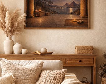 Moonlight Nile Landscape Wall Art Print, Night Temple Poster, Calm Luxury Home Decor, Large Matte Wall Art, Warm Ambient Artwork
