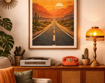 Desert Road Sunset Poster Vintage Wall Art Retro Landscape Print Travel Decor Western Wall Decor Home Gift