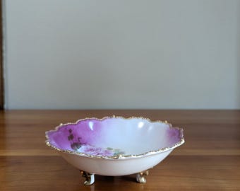 Antique Pink Rose Porcelain Bowl, Purple Gold Footed Candy Dish, Scalloped Floral Jewelry Holder, Victorian Vanity Decor, Early 20th Century