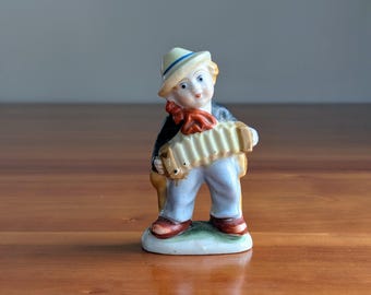 Occupied Japan Figurine | Accordion Boy Musician | Vintage Hand Painted Porcelain | Postwar Ceramic Collectible | Mid Century Decor