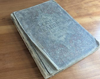 Material efímero de un libro de lectura escolar antiguo de 1903 / Libro uno de los lectores de Jones / Libro de texto ilustrado desgastado / Papel para educación temprana