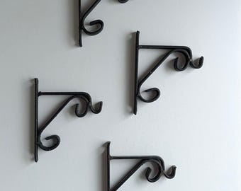 Vintage Wrought Iron Scroll Brackets – Set of 4 – Black Rustic Hardware – Farmhouse Decor Hooks & Fixtures