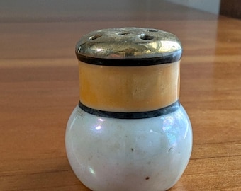 Mini Vintage Porcelain Spice Shaker | White Lusterware with Amber Band | Small Salt Pepper Shaker | Tiny Kitchen Decor | 1”