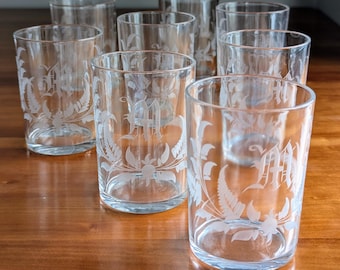 Vintage Etched Monogram M Juice Glasses Set Of 8, Gothic Old English Botanical Fern Floral Tumbler, Mid Century Bar Cart Drinkware, Wedding