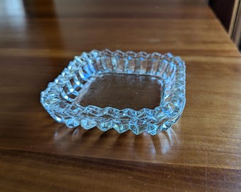 Vintage Mid Century Modern Pressed Clear Glass Ashtray, Square Trinket Dish, Geometric Diamond Cut Catchall, Jewelry Ring Holder, Valet Tray