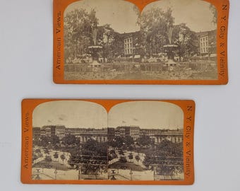 Antique NYC Stereoview Set of 2 | E. and H.T. Anthony and Co. | Bowling Green Fountain & City Square | Orange Mount c.1890