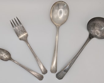 1930s Silverplate Flatware Set | Vintage Art Deco Serving Pieces | Engraved Handle | Spoon Fork Ladle | Antique Tableware