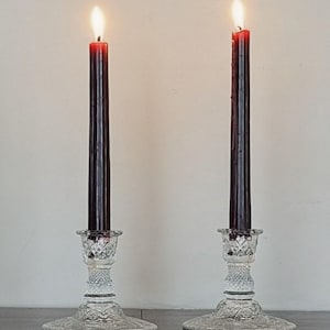 Vintage Pressed Glass Candlesticks Pair Clear Ornate Floral Scroll Base Diamond Pattern Stem 1940s Mantel Table Centerpiece Taper Holders