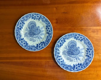 Vintage Churchill Thanksgiving Blue Turkey Plates, English Myott Transferware Pair, Cobalt Woodland Dinnerware, Scalloped Holiday Decor