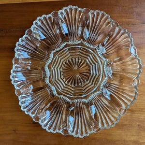 Vintage Clear Pressed Glass Deviled Egg Plate, 12 Well Shell Pattern Platter, Mid Century Appetizer Tray, Serving Dish, Brunch Tableware