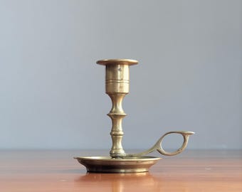 Vintage Brass Chamberstick Candle Holder w/ Finger Loop Handle, 5” Tall, 3.5” Drip Tray, Turned Brass Candlestick