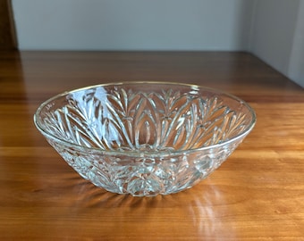 Midcentury Pressed Glass Serving Bowl with Gilt Rim | Vintage Cocktail Entertaining Dish | Clear Hostess Decor