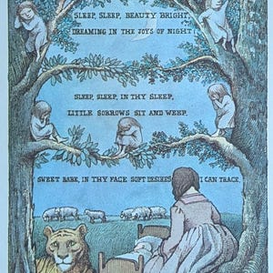 May include: Vintage illustration with a dreamlike quality. The image features a tree framing a scene with children, sheep, and a tiger. Text includes phrases like "Sleep, Sleep, Beauty Bright" and "Little Sorrows Sit and Weep."
