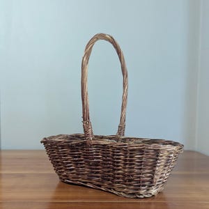 May include: A rectangular woven basket made of dark brown natural fibers, featuring a single tall, arched handle attached to the center of the long sides. The basket has a sturdy, open-top design with a visible cross-weave pattern throughout.