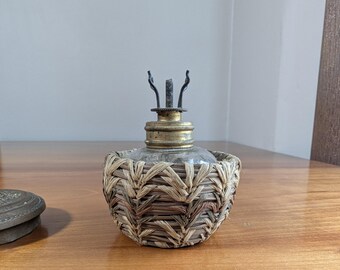 Antique Glass Oil Lamp With Snuffer, Woven Basket Spirit Lamp, Primitive Miniature Kerosene Lamp, Vintage Lighting Collectible, 1900s Decor