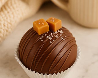 Bombe de cacao chaud au caramel salé • Bombe de chocolat gastronomique unique • Cadeau douillet • Chocolat chaud au caramel •