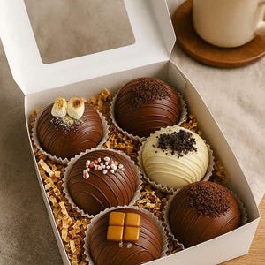 Bauen Sie Ihre eigene Kakaobombe 6er-Pack • Kundenspezifische Geschenkbox für heiße Schokolade • Gourmet-Kakao-Sampler • Gemütliche Winter-Leckereien