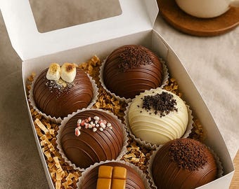 Bauen Sie Ihre eigene Kakaobombe 6er-Pack • Kundenspezifische Geschenkbox für heiße Schokolade • Gourmet-Kakao-Sampler • Gemütliche Winter-Leckereien