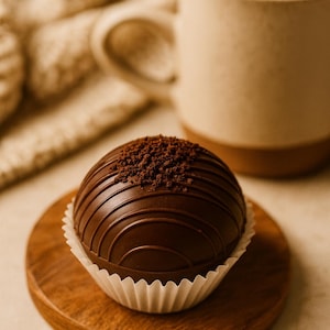 May include: A dark chocolate bomb, with a textured surface and a sprinkle of chocolate flakes, sits in a white paper cup on a wooden coaster. A beige mug filled with a light-coloured beverage is in the background.