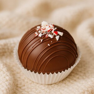 May include: A round, dark chocolate dessert, possibly a hot cocoa bomb, sits in a white paper cup. The chocolate is decorated with thin, curved lines and topped with crushed peppermint candies. The dessert rests on a cream-colored, textured surface.