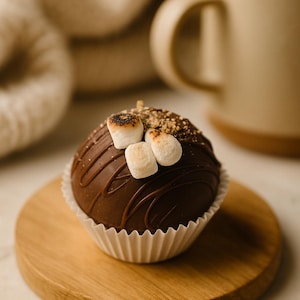 Könnte beinhalten: Eine Schokoladenkugel, verziert mit Schokoladenguss und belegt mit Marshmallows und Graham-Cracker-Krümeln, sitzt in einer weißen Papierform auf einem Holzuntersetzer. Im Hintergrund ist eine Tasse Kaffee zu sehen.