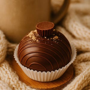 May include: A dark chocolate sphere, decorated with lines, in a white paper cup, topped with a small chocolate candy. The dessert is on a wooden coaster, with a mug and a knitted blanket in the background.