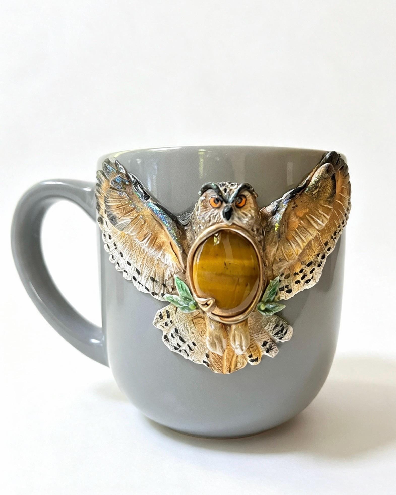 Owl Mug with Tiger’s Eye & Obsidian, Handmade Fantasy Mug, Woodland Witchy Gift, Crystal M