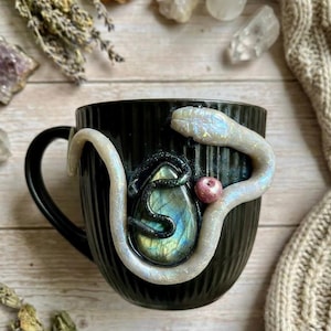 Snake Mug with Labradorite, Witchy Mug, Opal Serpent Cup, Scorpio Gift, Aries Gift, Crystal Mug, Gothic Decor, Handmade Polymer Clay Mug