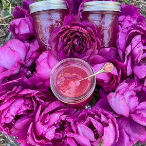 May include: A close-up of three glass jars filled with a pinkish-red preserve, surrounded by vibrant purple rose petals. One jar is open with a small spoon resting inside. The jars have silver lids.