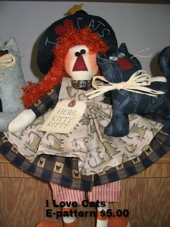 I Love Cats Instant Downloadable E-pattern, Witch Pattern, Witch Doll, Halloween Decor, My Darlin Dolls, Handmade, Made in the USA, Sewing
