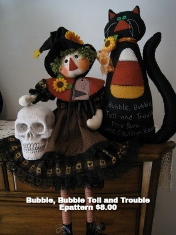Bubble, Bubble, Toil and Trouble Instant Downloadable Pattern, Witch Pattern, Cat Pattern, Halloween Decor, Holiday Decor, Raggedy Ann,