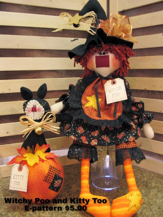 Witchy Poo and Kitty Too Instant Downloadable Pattern, Halloween Decor, Fall Patterns, Witch Patterns, Witch and Cat, Witches, Witch Decor