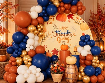 Herbstliches Ballongirlanden-Set, marineblauer und goldener Ballonbogen, Zimtfarbene Herbstdeko, Fotohintergrund für Thanksgiving-Geburtstage