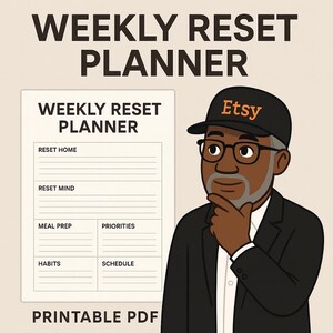 May include: A digital illustration of a weekly reset planner with the text "Weekly Reset Planner" and sections for "Reset Home," "Reset Mind," "Meal Prep," "Priorities," "Habits," and "Schedule." The image also features a person wearing an Etsy hat.