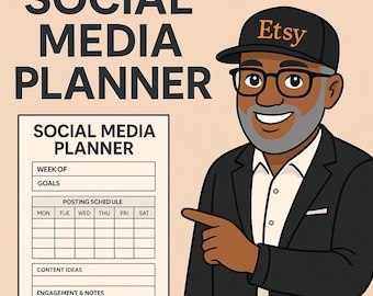 Puede incluir: Ilustración de un hombre con gafas y una gorra de Etsy, señalando un planificador de redes sociales. El planificador incluye secciones para objetivos, horarios de publicación, ideas de contenido y notas de participación. Las palabras "SOCIAL MEDIA PLANNER" se muestran de forma destacada.