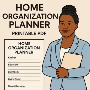 May include: An illustration of a woman in a blue blazer holding a clipboard, with text that reads "HOME ORGANIZATION PLANNER PRINTABLE PDF." The planner includes sections for kitchen, bedroom, bathroom, living room, and closet declutter.