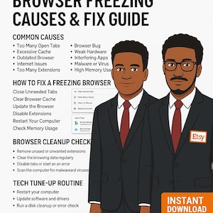 Peut inclure: Un guide numérique intitulé "Causes et guide de réparation du blocage du navigateur" avec une illustration de dessin animé de deux hommes en costume. Le guide répertorie les causes et les solutions courantes.