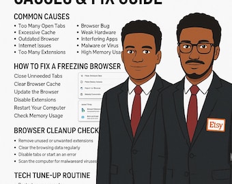 Pode incluir: Um guia digital intitulado "Causas de congelamento do navegador e guia de correção" com uma ilustração de desenho animado de dois homens de terno. O guia lista causas e soluções comuns para problemas do navegador.