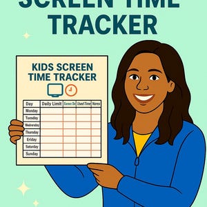 May include: Illustration of a person holding a "KIDS SCREEN TIME TRACKER" chart. The chart includes sections for daily limits and time tracking. The words "KIDS SCREEN TIME TRACKER" and "PRINTABLE PDF" are also visible.