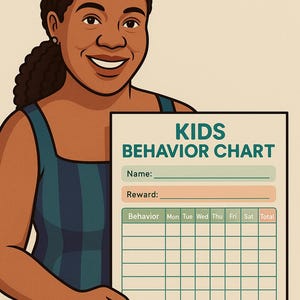 May include: Illustration of a smiling person holding a "KIDS BEHAVIOR CHART". The chart has sections for name, reward, and a weekly behavior tracker. The person is wearing a blue and green striped top.